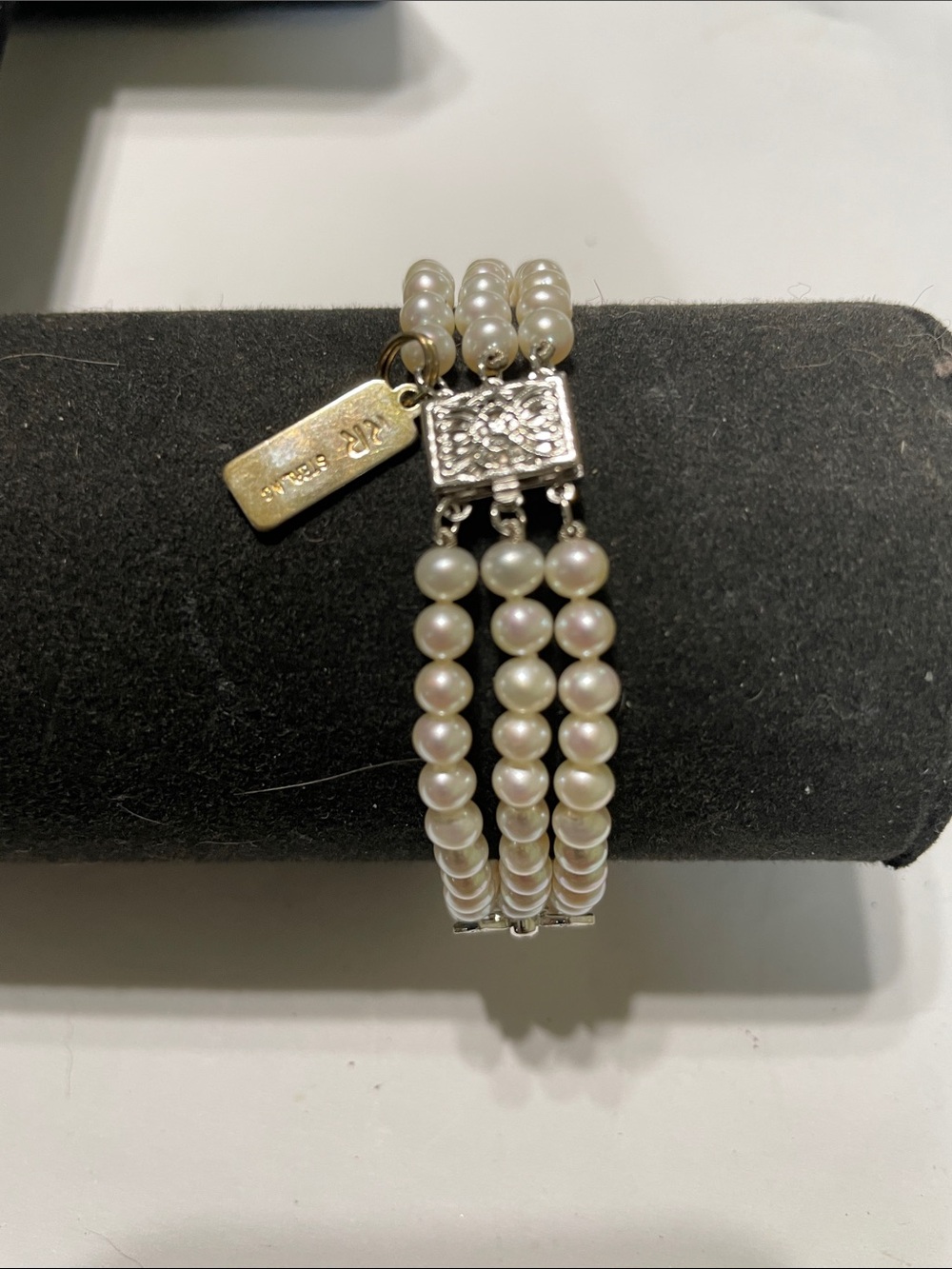 Triple-Strand Pearl Bracelet with Silver Clasp.  8/11/6